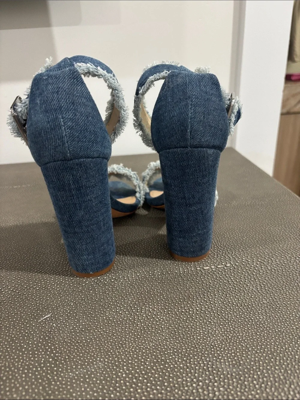 SCHUTZ Frayed Denim Ankle-Strap Block Heels - Blue